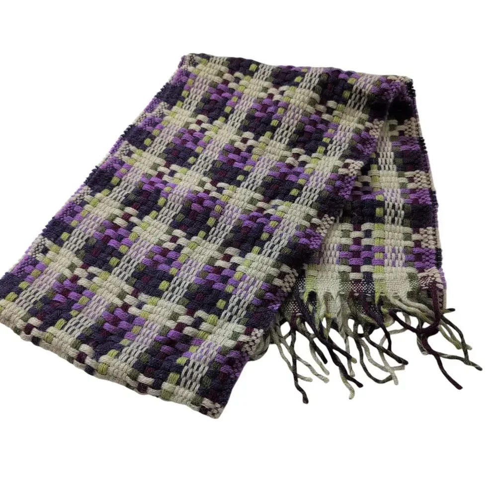 ECHO‎ Scarf Italian Knit Woven Plaid Purple Tan Gray Green Fringe - Wool Blend